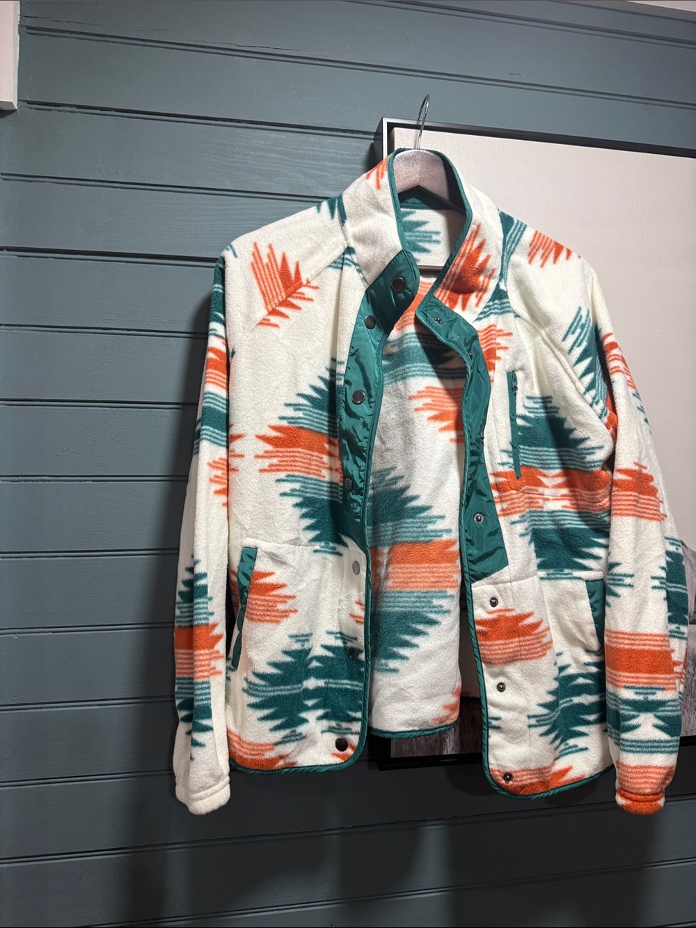 Men's Aztec Fleece Jacket - White with Teal & Orange